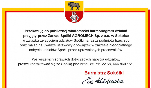 Burmistrz Sokółki informuje